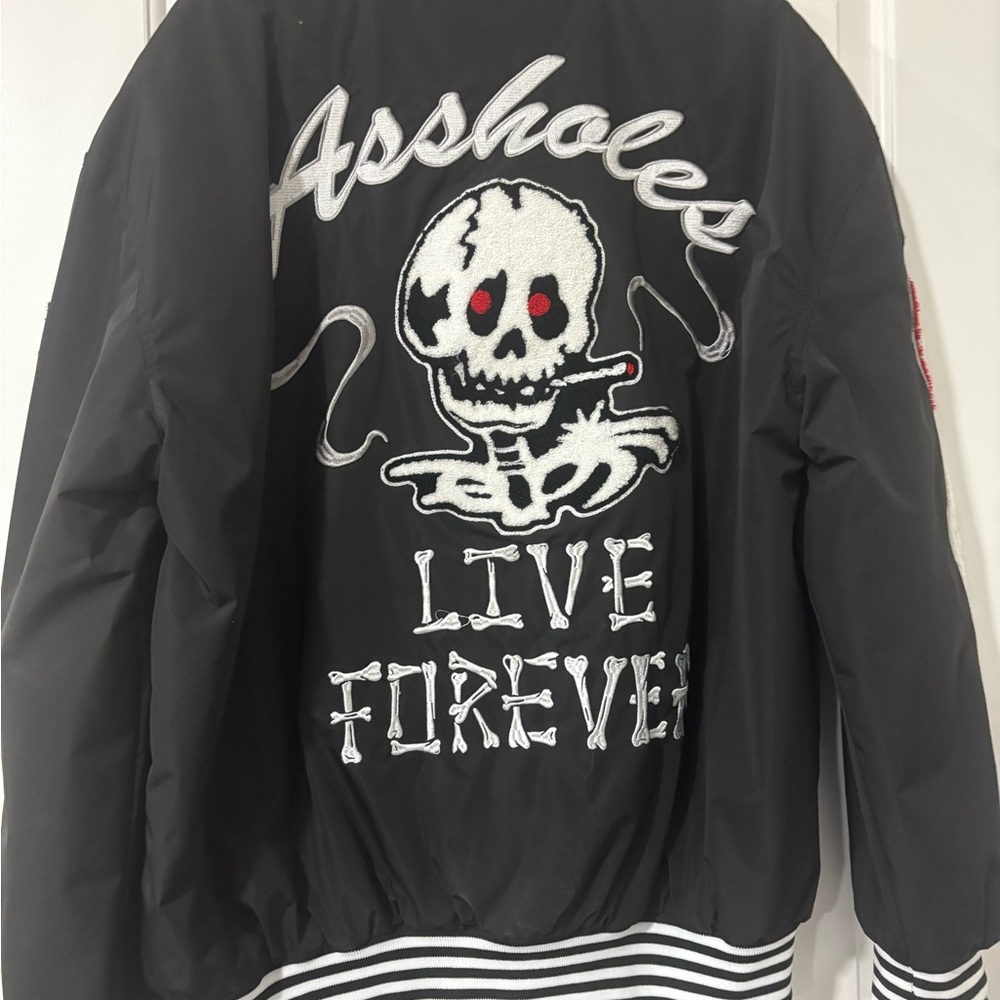 Edgy Black Skull Embroidered Bomber Jacket